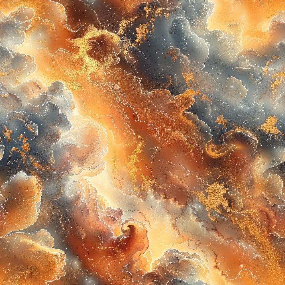 celestial clouds, golden orange, deep gray, swirling patterns, dramatic sky, ethereal atmosphere, cosmic design,, fabric panel, dreamlike clouds, sunset colors, mystical scene, flowing movement, heavenly motifs, storm clouds, gilded accents, moody lighting, abstract cloudscape, textile art, cotton fabric