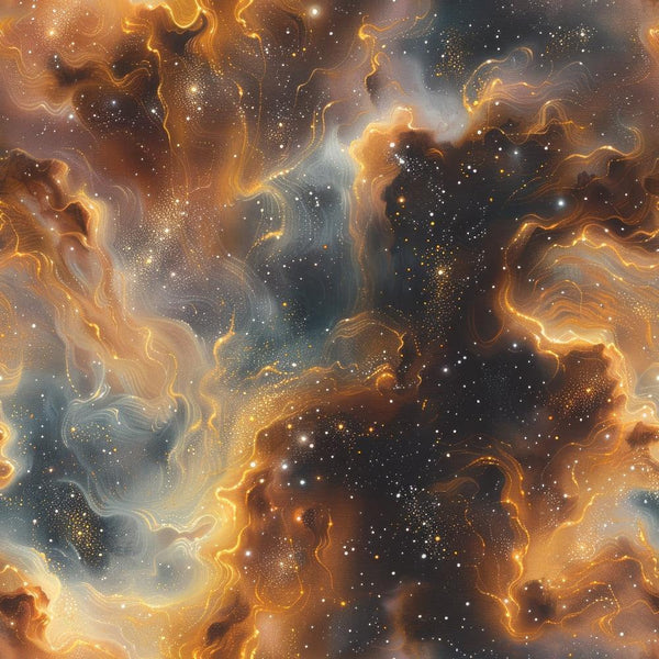 cosmic nebula, golden swirls, deep blue, amber tones, starfield, celestial clouds, space theme, flowing patterns, luminous effects,, fabric panel, astronomical design, ethereal wisps, galaxy motif, shimmering stars, cosmic dust, heavenlyscape, mystical atmosphere, night sky, celestial bodies