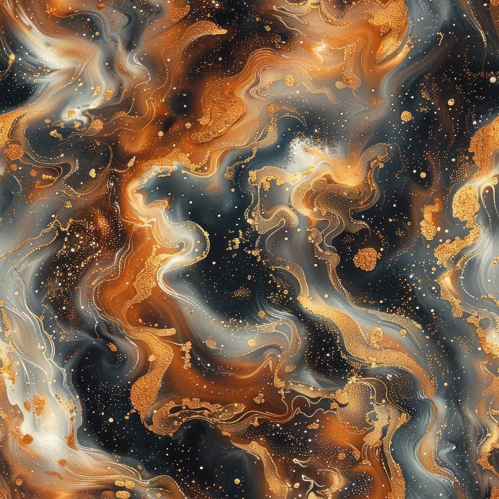 marbled pattern, swirled design, gold metallic, copper orange, charcoal gray, abstract swirls, fluid motion, cosmic nebula, celestial theme,, fabric panel, flowing curves, golden accents, smoky gray, burnt orange, ethereal atmosphere, liquid marble, space-like design, artistic swirls, modern abstract