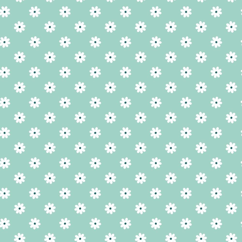 mint green, white daisies, floral pattern, repeating motif, small flowers, daisy design,, fabric panel, soft pastels, cheerful pattern, spring flowers, geometric arrangement, crafting material, sewing fabric, feminine design, delicate florals, uniform spacing, botanical print, light green background