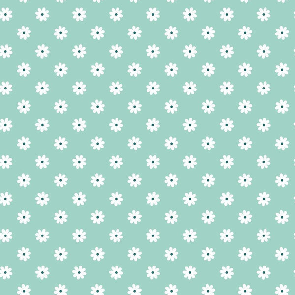 mint green, white daisies, floral pattern, repeating motif, small flowers, daisy design,, fabric panel, soft pastels, cheerful pattern, spring flowers, geometric arrangement, crafting material, sewing fabric, feminine design, delicate florals, uniform spacing, botanical print, light green background