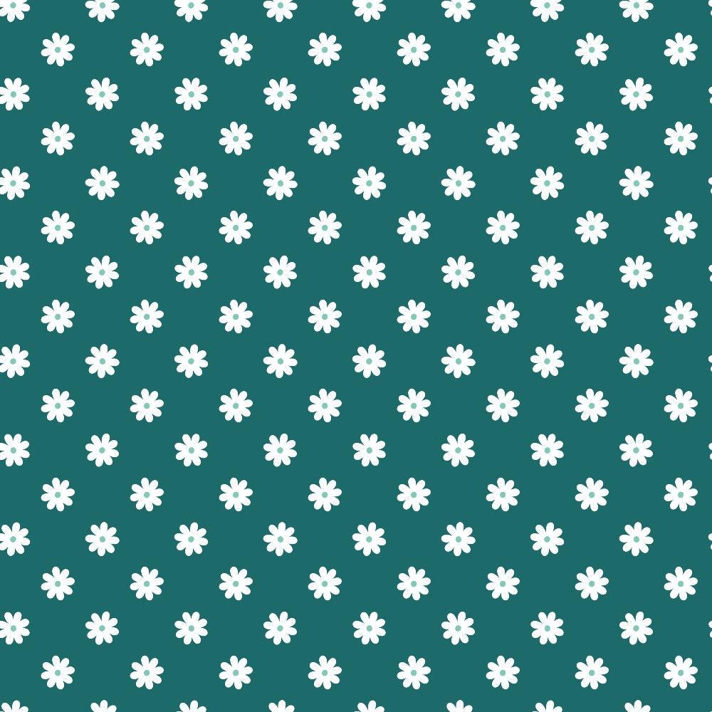 teal background, white daisies, floral pattern, repeating design,, fabric panel, geometric florals, spring flowers, botanical motif, small scale print, daisy blossoms, turquoise green, coordinating colors, flower power, retro vibes, craft fabric, sewing material, cotton blend