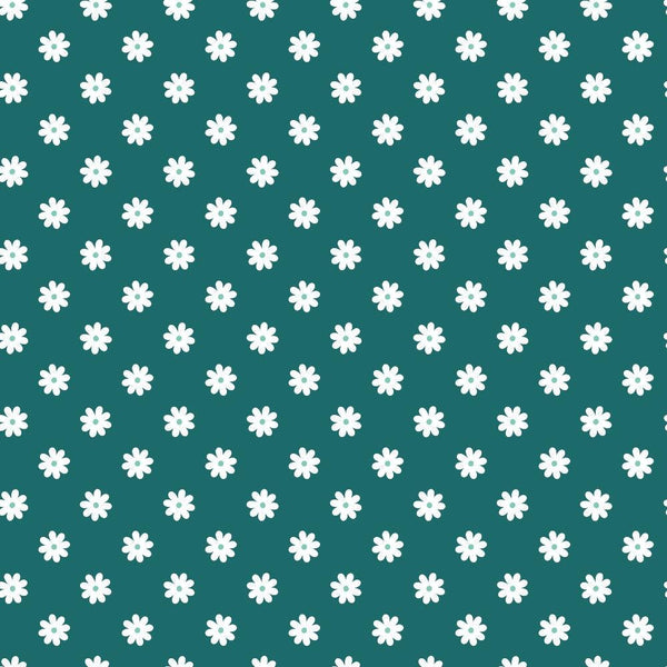 teal background, white daisies, floral pattern, repeating design,, fabric panel, geometric florals, spring flowers, botanical motif, small scale print, daisy blossoms, turquoise green, coordinating colors, flower power, retro vibes, craft fabric, sewing material, cotton blend