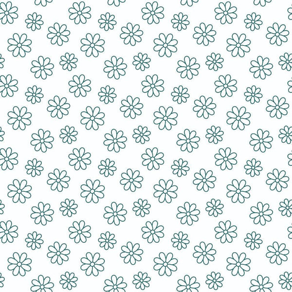 Teal Daisies Outline Fabric, quilting, cotton, fabric, teal, daisy, floral, outline, white background, seamless, textile, material, craft, sewing, home decor, soft, premium, traditional, print