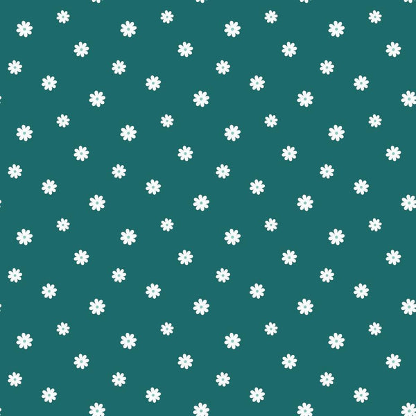 Tiny Daisies on Teal Fabric, teal background, white daisy pattern, small floral design, cotton textile, quilting material, premium cotton fabric, floral print fabric, soft texture, craft fabric, sewing fabric material, delicate flowers on fabric, natural cotton textile, American made fabric