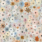 abstract floral, meadow flowers,, fabric panel, pastel colors, soft pink, dusty blue, cream white, peachy orange, brown accents, scattered blooms, delicate petals, whimsical style, nature inspired, spring motifs, gentle pastels, floral ditsy, artistic flowers, cotton fabric, quilting material