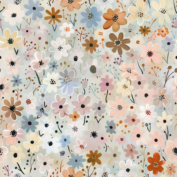 abstract floral, meadow flowers,, fabric panel, pastel colors, soft pink, dusty blue, cream white, peachy orange, brown accents, scattered blooms, delicate petals, whimsical style, nature inspired, spring motifs, gentle pastels, floral ditsy, artistic flowers, cotton fabric, quilting material