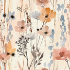 abstract flowers, meadow pattern, watercolor style, soft pastels, peach blooms, blue florals, coral flowers, cream background, botanical design, wildflower meadow, delicate stems, artistic florals,, fabric panel, dreamy aesthetic, nature inspired, flowing composition, gentle colors, organic shapes, contemporary floral