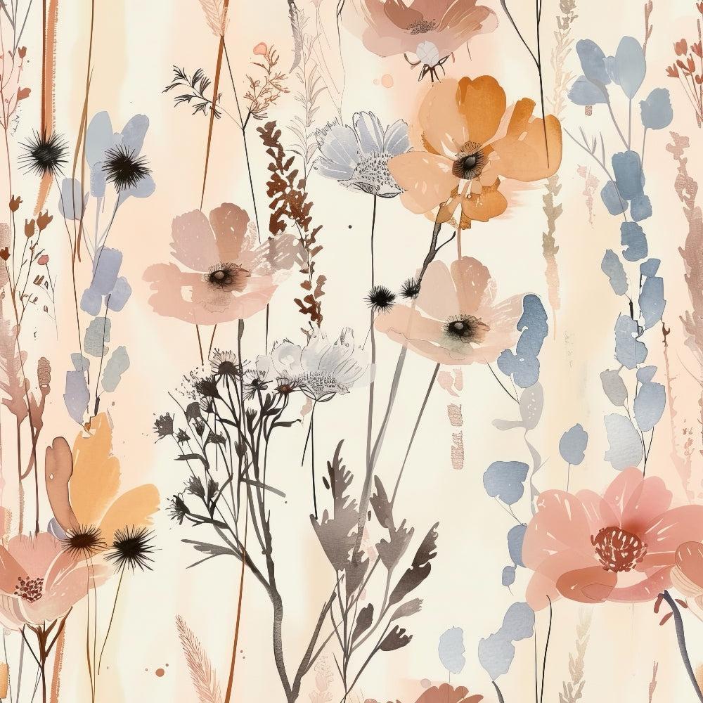 abstract flowers, meadow pattern, watercolor style, soft pastels, peach blooms, blue florals, coral flowers, cream background, botanical design, wildflower meadow, delicate stems, artistic florals,, fabric panel, dreamy aesthetic, nature inspired, flowing composition, gentle colors, organic shapes, contemporary floral