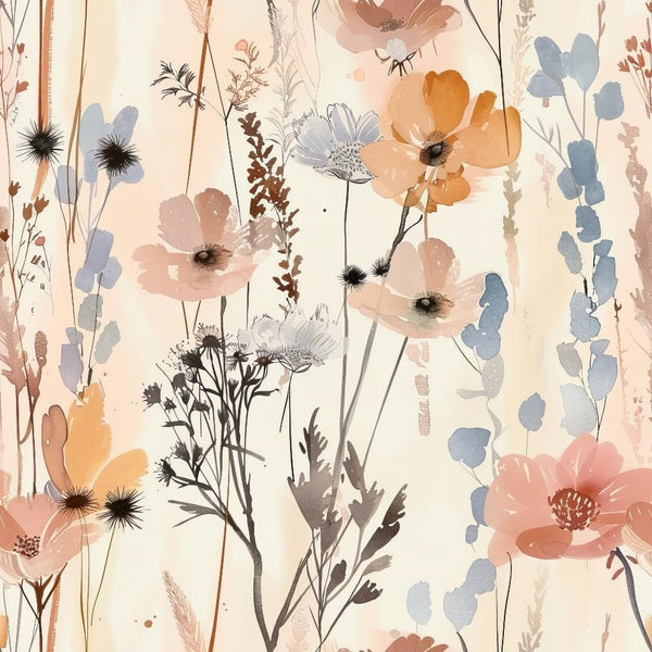 abstract flowers, meadow pattern, watercolor style, soft pastels, peach blooms, blue florals, coral flowers, cream background, botanical design, wildflower meadow, delicate stems, artistic florals,, fabric panel, dreamy aesthetic, nature inspired, flowing composition, gentle colors, organic shapes, contemporary floral