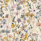 abstract floral, meadow flowers, wildflowers, botanical pattern, soft pastels, dusty pink, sage green, mustard yellow, lavender purple, cream background, delicate blooms, nature inspired, whimsical style,, fabric panel, spring meadow, painted florals, scattered flowers, organic design, romantic mood
