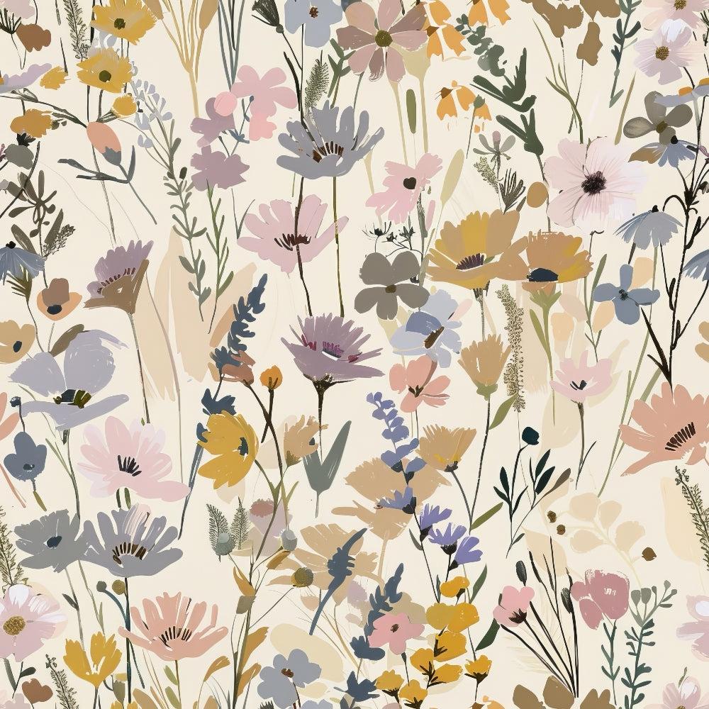 abstract floral, meadow flowers, wildflowers, botanical pattern, soft pastels, dusty pink, sage green, mustard yellow, lavender purple, cream background, delicate blooms, nature inspired, whimsical style,, fabric panel, spring meadow, painted florals, scattered flowers, organic design, romantic mood