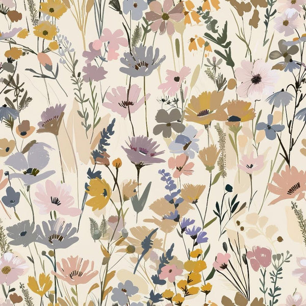 abstract floral, meadow flowers, wildflowers, botanical pattern, soft pastels, dusty pink, sage green, mustard yellow, lavender purple, cream background, delicate blooms, nature inspired, whimsical style,, fabric panel, spring meadow, painted florals, scattered flowers, organic design, romantic mood