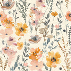 abstract flowers, meadow pattern, watercolor style, peach blooms, orange poppies, pink florals, sage green, muted pastels, botanical design, wildflower meadow, soft watercolors,, fabric panel, spring flowers, delicate stems, artistic floral, nature inspired, feminine palette, loose brushstrokes, organic shapes
