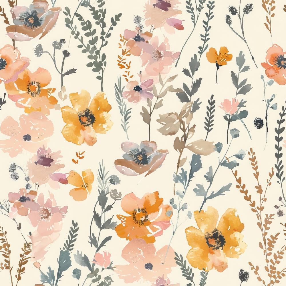 abstract flowers, meadow pattern, watercolor style, peach blooms, orange poppies, pink florals, sage green, muted pastels, botanical design, wildflower meadow, soft watercolors,, fabric panel, spring flowers, delicate stems, artistic floral, nature inspired, feminine palette, loose brushstrokes, organic shapes