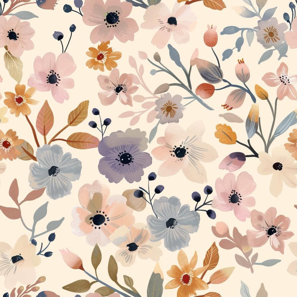 abstract flowers, meadow pattern,, fabric panel, watercolor style, floral design, pink flowers, blue flowers, orange blooms, cream background, botanical elements, leaves and stems, artistic florals, soft pastels, nature inspired, seamless pattern, cotton fabric, quilting material, delicate petals, whimsical flowers
