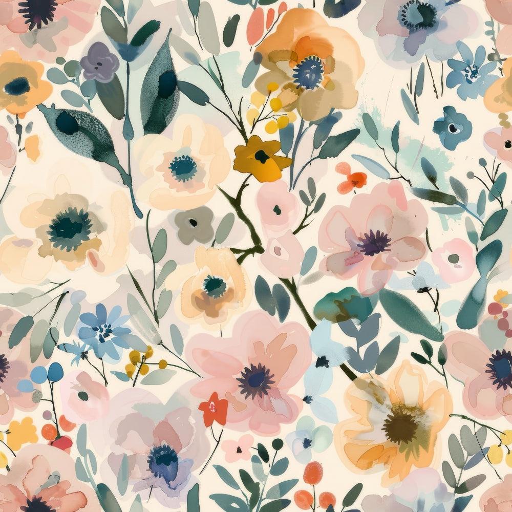 abstract floral, watercolor style, meadow flowers, pink blossoms, coral petals, sage green leaves, dusty blue blooms, cream background, botanical pattern, loose brushstrokes, organic shapes,, fabric panel, spring garden, soft pastels, flowing design, nature inspired, artistic florals, delicate stems