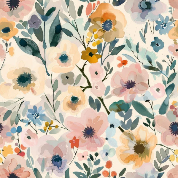 abstract floral, watercolor style, meadow flowers, pink blossoms, coral petals, sage green leaves, dusty blue blooms, cream background, botanical pattern, loose brushstrokes, organic shapes,, fabric panel, spring garden, soft pastels, flowing design, nature inspired, artistic florals, delicate stems