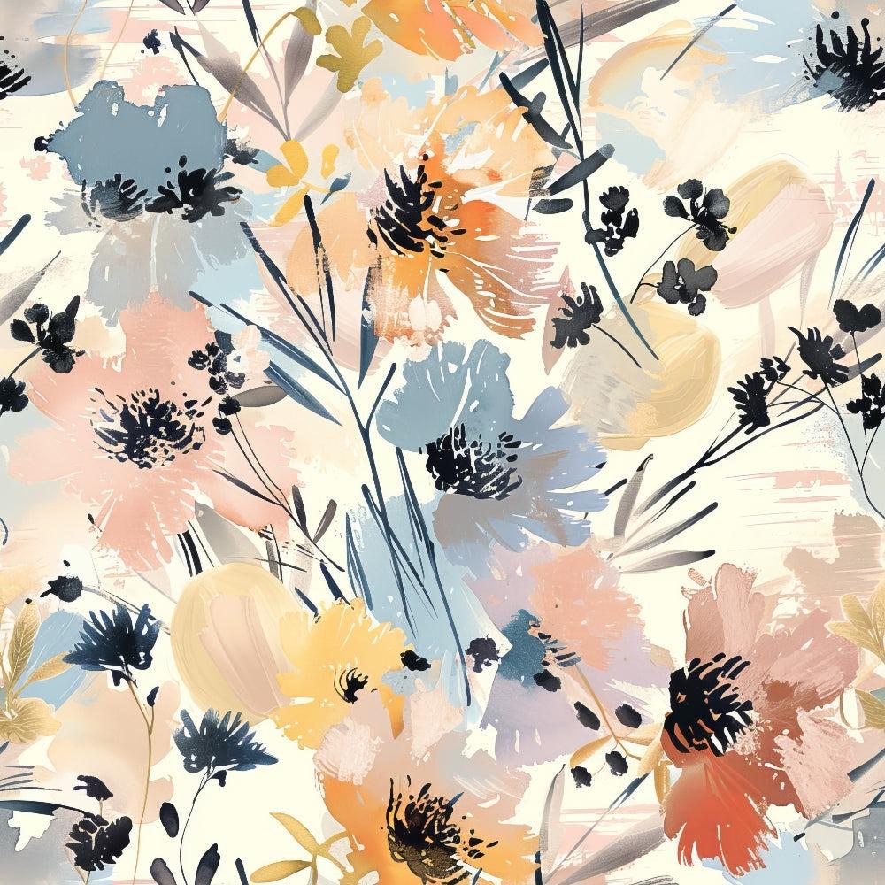 abstract floral, watercolor style, pastel colors, coral pink, dusty blue, sage green, cream background, brushstroke flowers, botanical pattern, meadow blooms, artistic florals, modern floral,, fabric panel, loose brushwork, organic shapes, contemporary design, soft palette, painterly effect, wildflower motifs