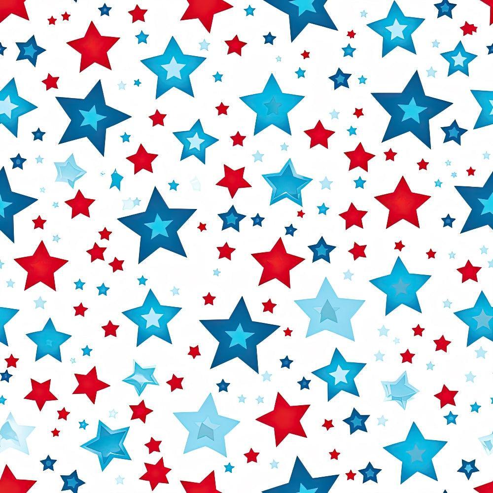 '- Patriotic July Pattern 11 Fabric - Quilting - Cotton - Red stars - Blue stars - White background - Star pattern - Festive design - Seasonal fabric - American theme