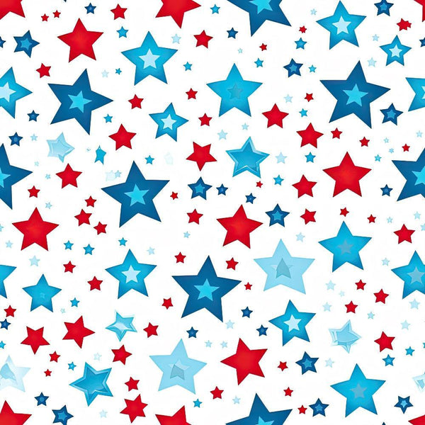 '- Patriotic July Pattern 11 Fabric - Quilting - Cotton - Red stars - Blue stars - White background - Star pattern - Festive design - Seasonal fabric - American theme