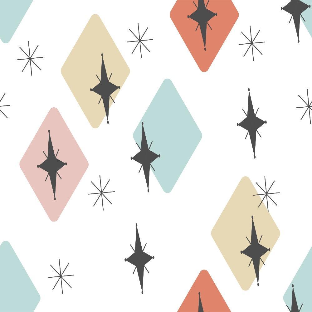 mid-century modern, geometric pattern, diamond shapes, starburst motifs, atomic age, retro design, coral orange, mint green, pale pink, beige tan, white background, scattered stars, angular diamonds, 1950s style, modernist aesthetic,, fabric panel, repeating pattern, minimalist design, vintage inspired