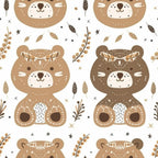 Seamless pattern featuring cartoon bears in brown and tan, each with white cheeks and simple facial features, surrounded by leaves, twigs, and small decorative elements on a white background.