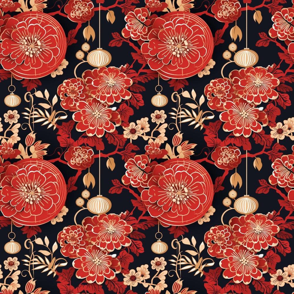 - Chinese Lunar Lantern Lights Pattern 3 Quilting Cotton Fabric  
- red floral design  
- gold accents  
- lantern motifs  
- black background  
- cotton textile  
- quilting fabric  
- traditional Asian inspired  
- decorative fabric  
- sewing material