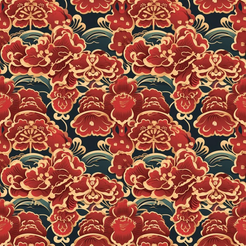 - Chinese Lunar Lantern Lights Pattern 6 Quilting Cotton Fabric  
- Red floral motifs  
- Gold accents  
- Dark green background  
- Ornate botanical design  
- Decorative quilting material  
- Traditional Asian-inspired fabric  
- Soft cotton textile  
- Elegant vibrant print  
- Artistic lantern shapes  
- Rich warm colors  
- Detailed seamless design