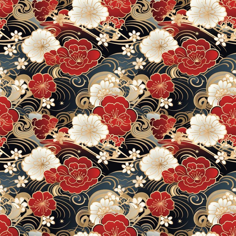 - Chinese Lunar Lantern Lights Pattern 7 Quilting Cotton Fabric  
- Floral motifs  
- Red, white, gold, black colors  
- Ornate, elegant design  
- Asian-inspired lanterns and blossoms  
- Quilting fabric, cotton textile  
- Decorative, traditional style  
- Flowing wave elements  
- Soft, smooth texture