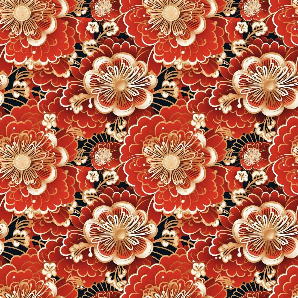 - Chinese Lunar Lantern Lights Pattern 9 Quilting Cotton Fabric  
- floral design  
- red, orange, gold, beige, black colors  
- intricate blossoms  
- fabric textile  
- quilting material  
- cotton cloth  
- decorative flowers  
- traditional Asian style  
- ornamental print  
- sewing fabric  
- vibrant color scheme