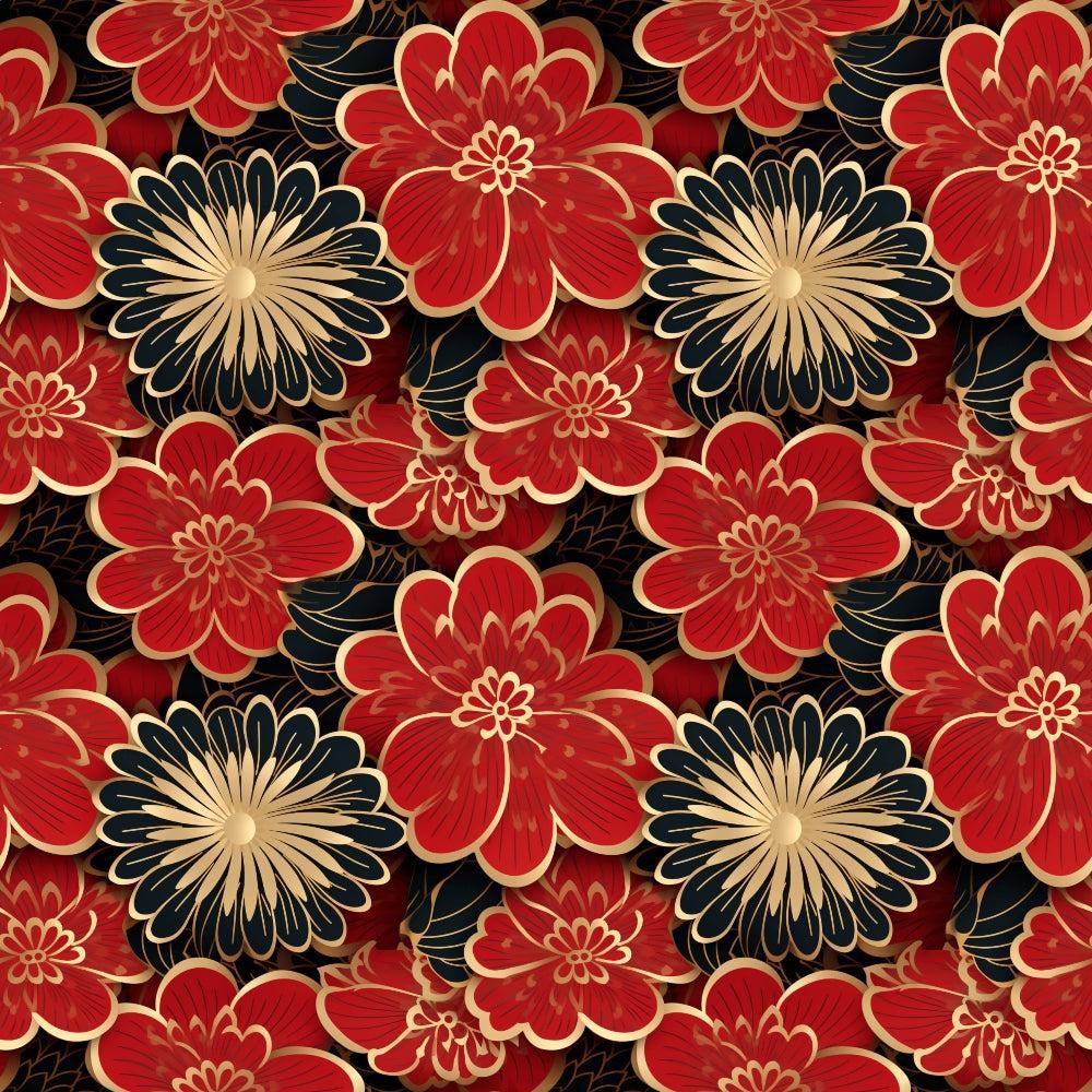 - Chinese Lunar Lantern Lights Pattern 10 Quilting Cotton Fabric  
- floral design  
- red flowers  
- black accents  
- gold outlines  
- Asian inspired  
- decorative textile  
- quilting material  
- cotton fabric  
- vibrant colors  
- intricate blossoms  
- fabric yardage