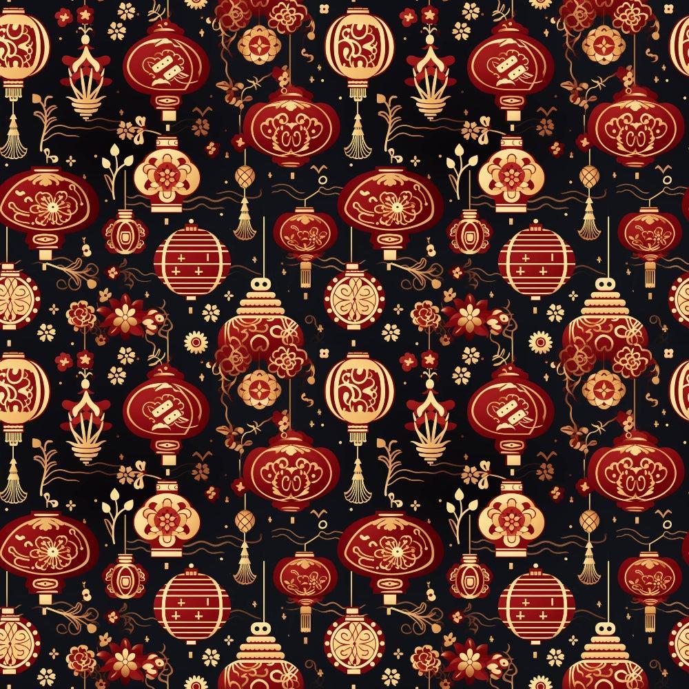 - Chinese Lunar Lantern Lights Pattern 11 Quilting Cotton Fabric  
- Red, gold, black, cream colors  
- Lanterns, floral motifs, decorative elements  
- Asian-inspired design, traditional, festive  
- Cotton textile, quilting material, yardage fabric  
- Ornamental, elegant, intricate detailing, decorative print