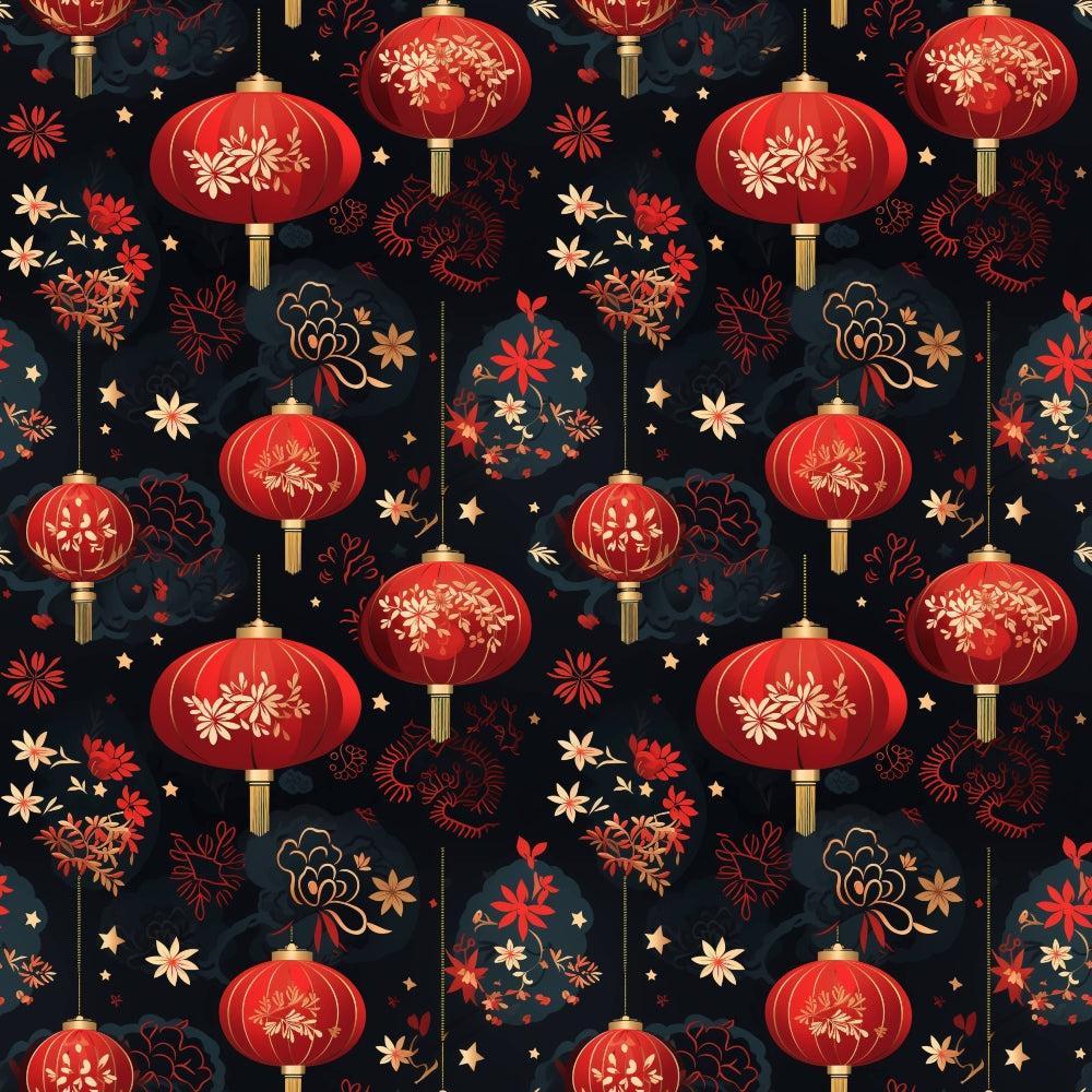 • Chinese Lunar Lantern Lights Pattern 12 Quilting Cotton Fabric • red lanterns • floral motifs • dark background • Asian-inspired design • quilting material • cotton textile • decorative print • traditional style • warm colors • craft fabric
