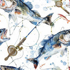 A seamless pattern featuring illustrated fish, fishing rods, and nets, with splashes of blue watercolor throughout the background. The fish are depicted in various poses and sizes, giving a dynamic, aquatic feel.