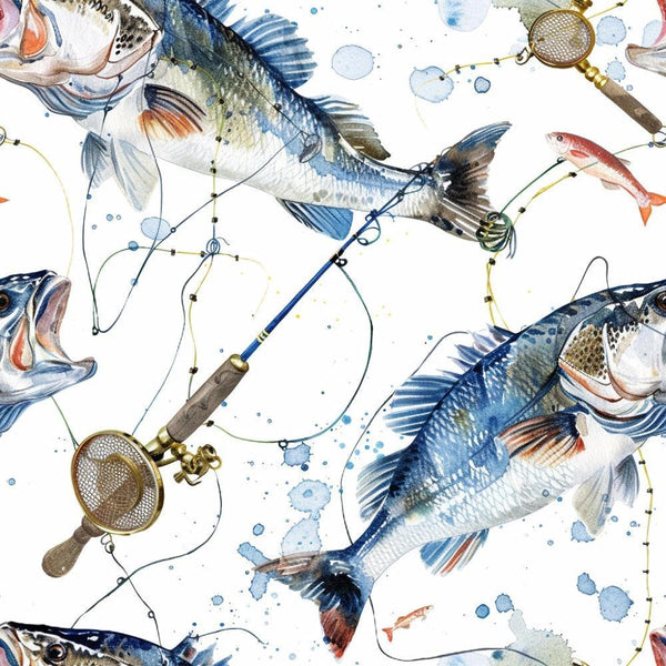 A seamless pattern featuring illustrated fish, fishing rods, and nets, with splashes of blue watercolor throughout the background. The fish are depicted in various poses and sizes, giving a dynamic, aquatic feel.