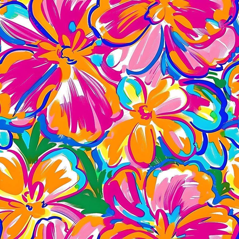 vibrant floral, tropical flowers, hot pink, bright orange, turquoise blue, lime green, yellow accents, abstract blooms, psychedelic pattern, groovy style, retro design, 1960s inspired, hippie aesthetic, large scale print, brushstroke effect, painterly style,, fabric panel, summer vibes, energetic mood