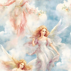 A digital painting of angels with wings and flowing dresses floating among soft clouds in a blue sky. Some angels hold flowers; the overall scene is ethereal and serene.