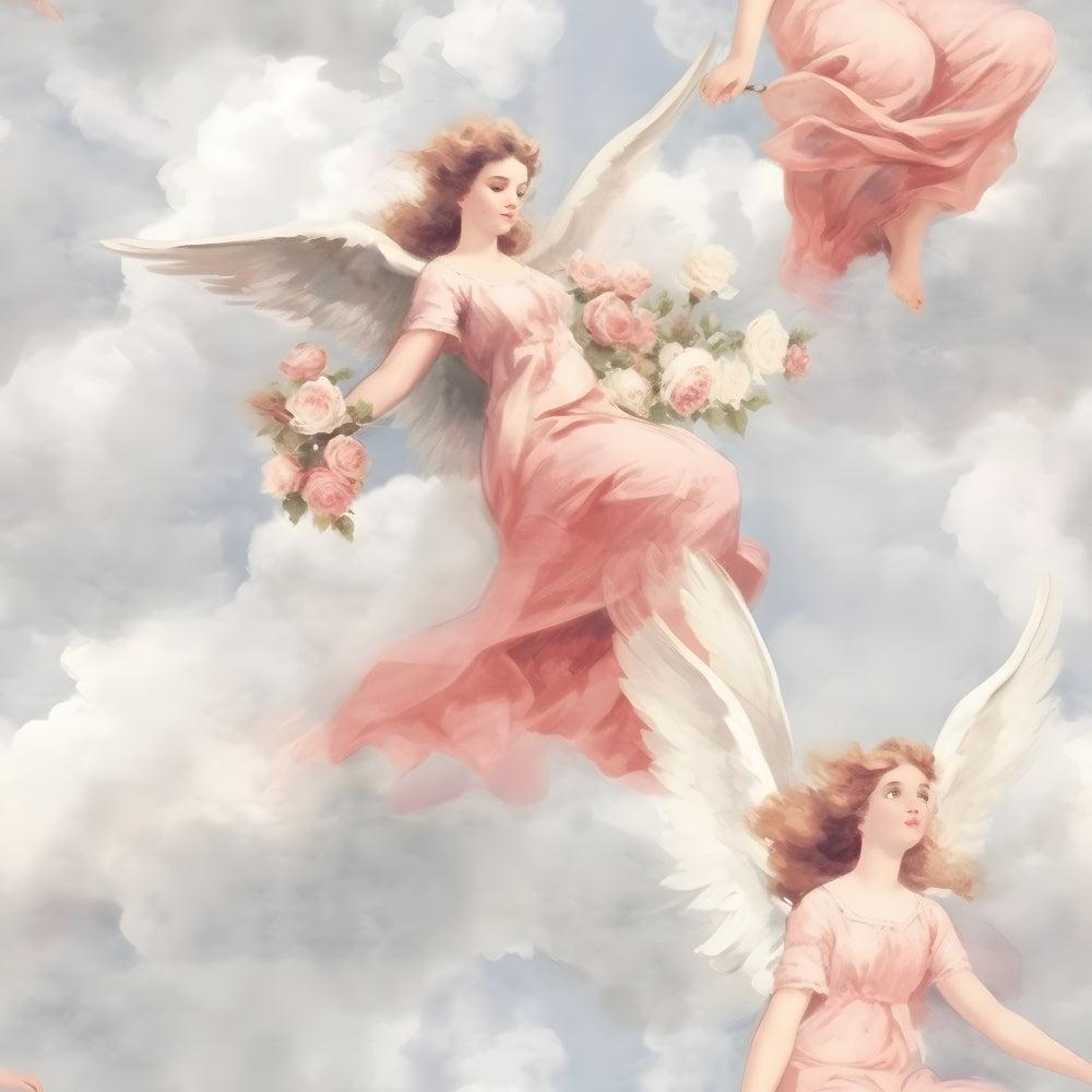 Three angels with white wings and flowing pink dresses float among soft clouds. One angel holds a bouquet of pink and white flowers, while anothers legs and dress are partially visible at the top of the image.