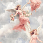 Three angels with white wings and flowing pink dresses float among soft clouds. One angel holds a bouquet of pink and white flowers, while anothers legs and dress are partially visible at the top of the image.