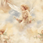 A softly colored painting of angels with white wings and light robes floating among clouds, each holding flowers. The background features pastel hues of cream, peach, and light blue.