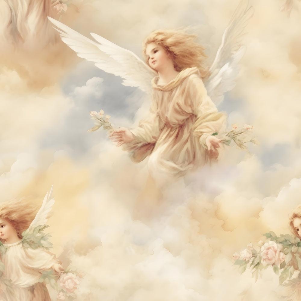 A softly colored painting of angels with white wings and light robes floating among clouds, each holding flowers. The background features pastel hues of cream, peach, and light blue.
