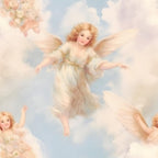 A painting of a blonde angel in a flowing white dress and wings floats in a cloudy sky, with parts of other angels visible around the edges. The scene is soft, pastel, and ethereal.