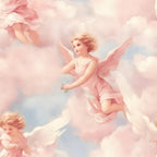 A digital illustration of cherubic angels with blond hair and white wings, wearing light pink dresses, floating among soft pink and white clouds against a blue sky.