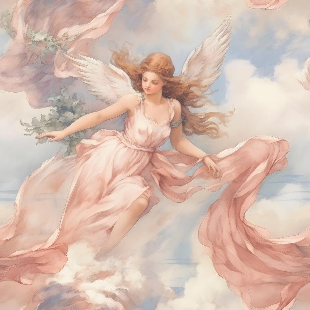 A painting of a female angel with long flowing hair and white wings, wearing a light pink dress, floating among clouds and holding greenery, with soft pastel colors in the background.