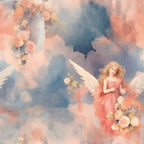 A digital illustration of a blonde angel with white wings in a pink dress holding a bouquet of flowers, surrounded by pastel clouds and roses in pink, peach, and blue tones.