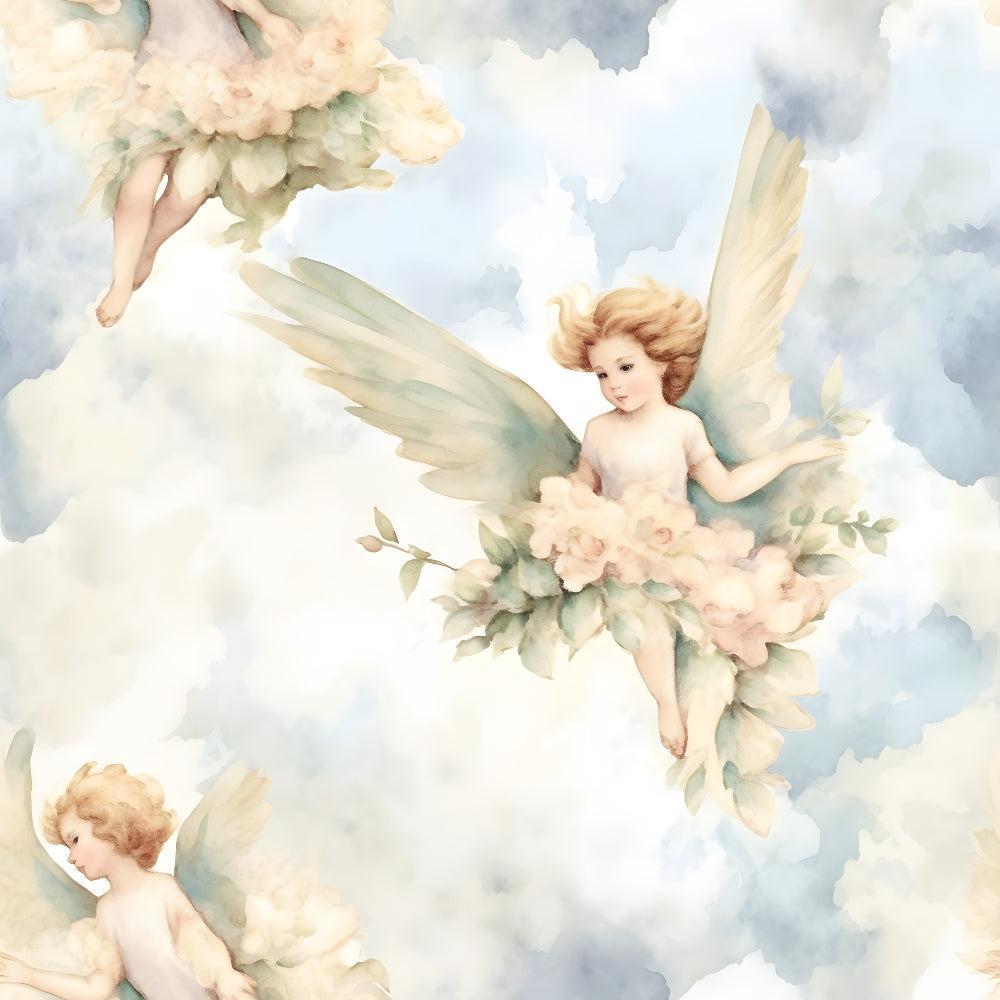 Illustration of cherubic angels with wings, surrounded by pastel-colored clouds and holding bouquets of soft flowers, set against a cloudy blue and white sky background.