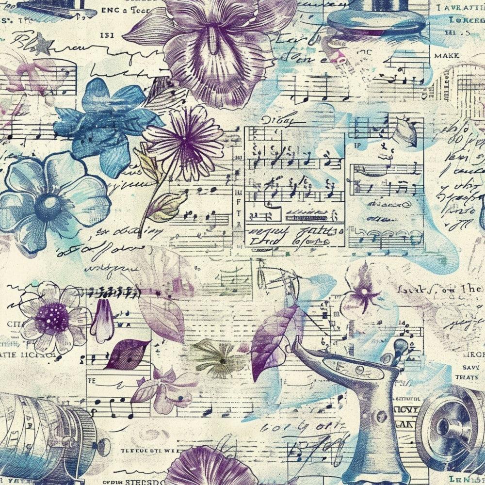 - Sewing Journal Pattern 12 Quilting Cotton Fabric
- vintage, floral, purple, blue, cream
- musical notes, handwritten script, old sewing tools
- cotton, quilting, yardage
- textured, classic, artistic, elegant
- pastel, antique style, printed in USA