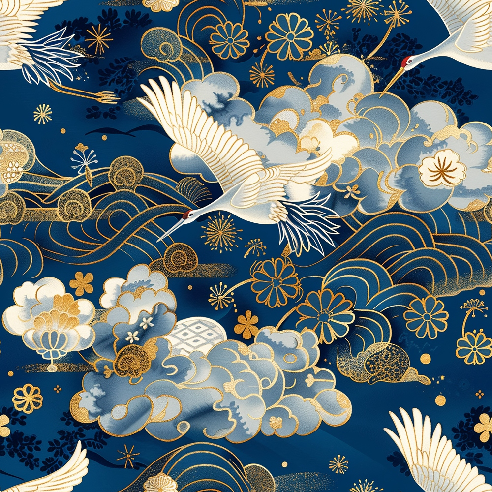 Japanese Cranes Pattern 1 Quilting Cotton Fabric