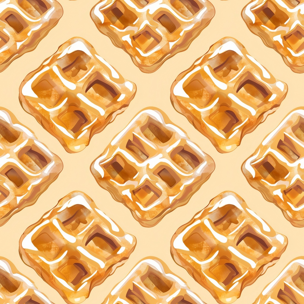golden brown, cream, amber, waffle pattern, breakfast food, repeating design, square grid, syrup drizzle, warm tones, food motif, kitchen theme, geometric squares,, fabric panel, cozy aesthetic, morning vibes, textured illustration, culinary design, comfort food, golden hues